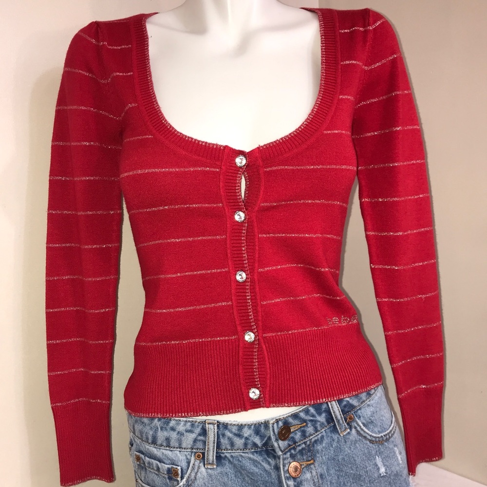 BEBE Metallic Ruby Red Crystal Button DownCardigan